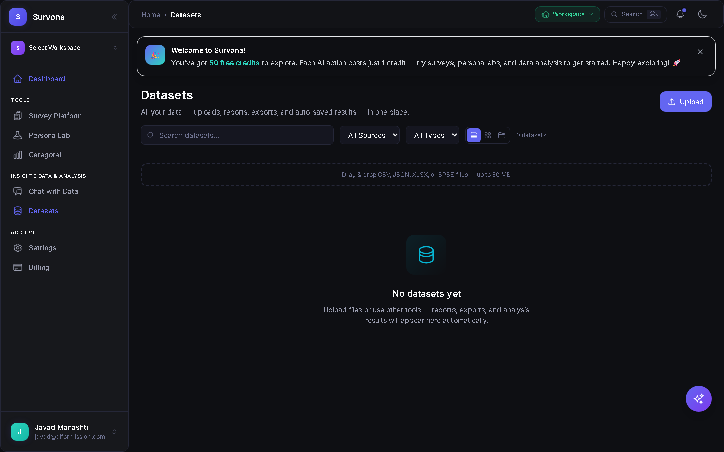 Datasets management panel for Categorai