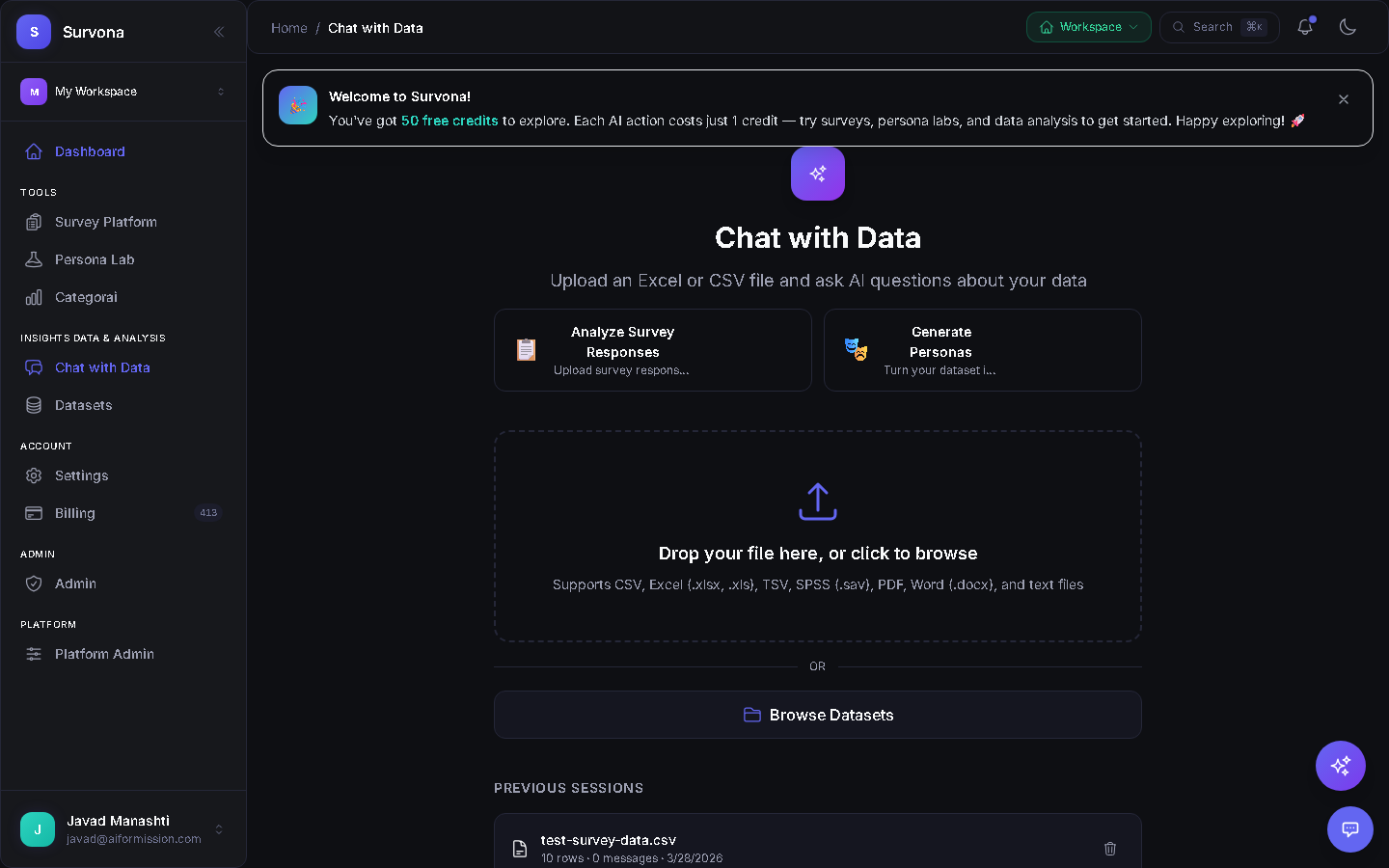 Chat with Data interface showing natural language query input